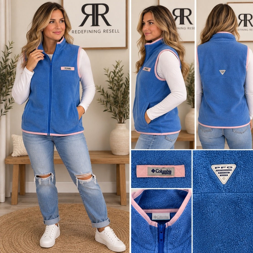 Columbia PFG Fleece Vest Blue Pink Trim Full Zip Mock Neck XL Womens